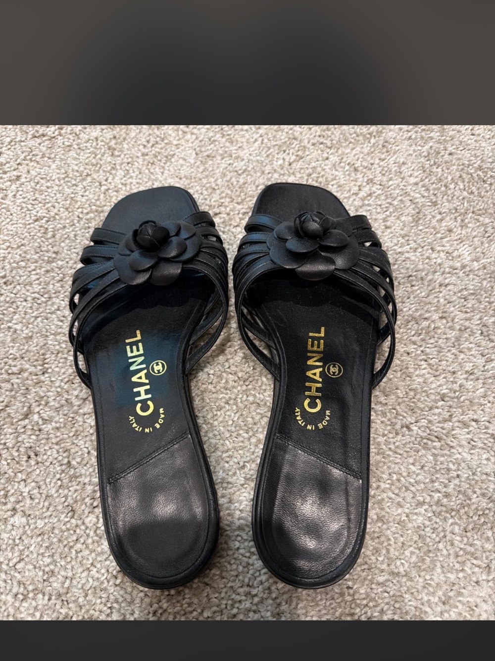 CHANEL Black Leather Camellia Slide Mules